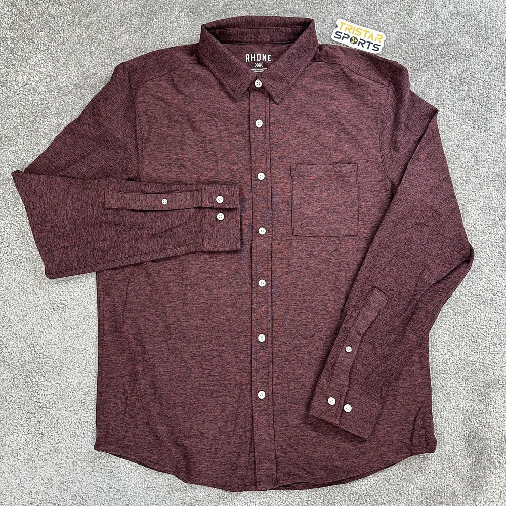 Rhone WFH Shirt Mens Medium Tawny Port Black Heather Button Up Stretch Knit